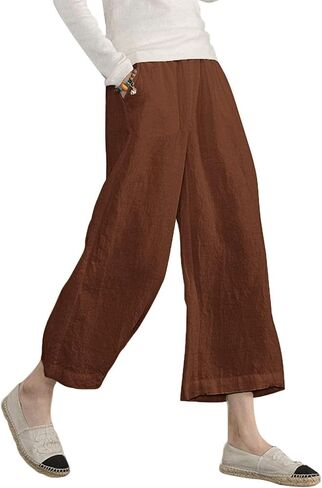 ECUPPER Womens Cotton Cropped Pants Loose Fit Wide Leg Capri Casual Plus Size Elastic Waist Trousers in Kuwait
