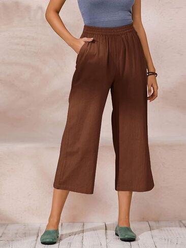 ECUPPER Womens Cotton Cropped Pants Loose Fit Wide Leg Capri Casual Plus Size Elastic Waist Trousers in Kuwait