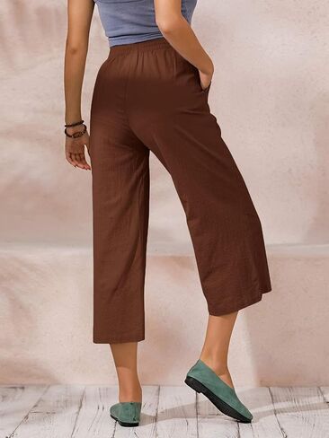 ECUPPER Womens Cotton Cropped Pants Loose Fit Wide Leg Capri Casual Plus Size Elastic Waist Trousers in Kuwait