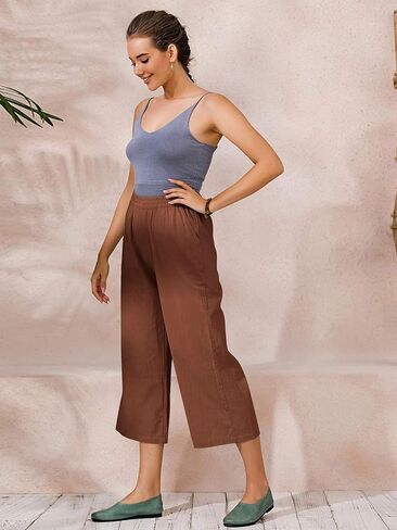 ECUPPER Womens Cotton Cropped Pants Loose Fit Wide Leg Capri Casual Plus Size Elastic Waist Trousers in Kuwait