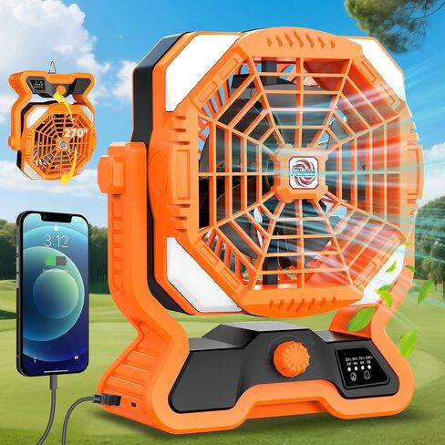 Roykaw Portable Camping Fan w/LED Lantern, 20000 mAH Rechargeable Battery Fan, 36 H Beyond Endurance, Cordless Table Fan for Outdoor, Stepless Speed/Dual Fan Blade, w/USB Type C Port, Hang Hook in Saudi Arabia
