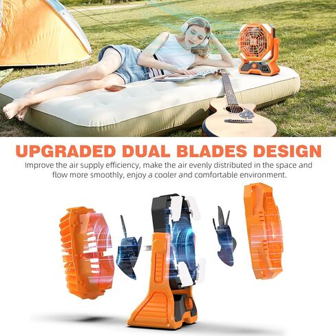 Roykaw Portable Camping Fan w/LED Lantern, 20000 mAH Rechargeable Battery Fan, 36 H Beyond Endurance, Cordless Table Fan for Outdoor, Stepless Speed/Dual Fan Blade, w/USB Type C Port, Hang Hook in Saudi Arabia