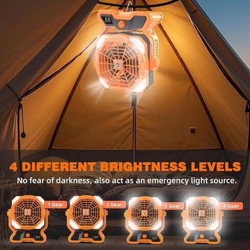 Roykaw Portable Camping Fan w/LED Lantern, 20000 mAH Rechargeable Battery Fan, 36 H Beyond Endurance, Cordless Table Fan for Outdoor, Stepless Speed/Dual Fan Blade, w/USB Type C Port, Hang Hook in Saudi Arabia