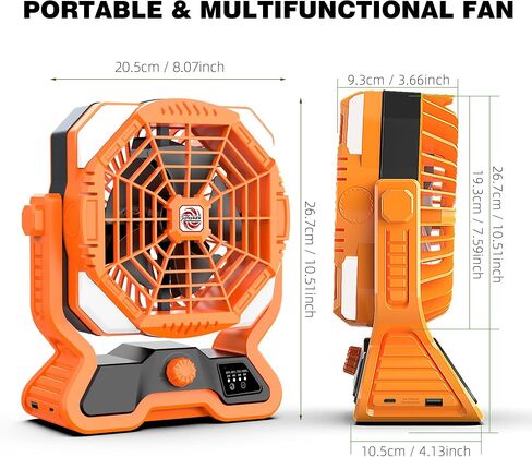Roykaw Portable Camping Fan w/LED Lantern, 20000 mAH Rechargeable Battery Fan, 36 H Beyond Endurance, Cordless Table Fan for Outdoor, Stepless Speed/Dual Fan Blade, w/USB Type C Port, Hang Hook in Saudi Arabia
