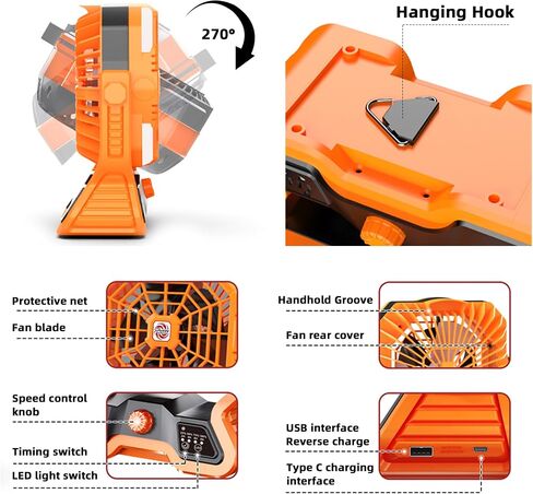 Roykaw Portable Camping Fan w/LED Lantern, 20000 mAH Rechargeable Battery Fan, 36 H Beyond Endurance, Cordless Table Fan for Outdoor, Stepless Speed/Dual Fan Blade, w/USB Type C Port, Hang Hook in Saudi Arabia