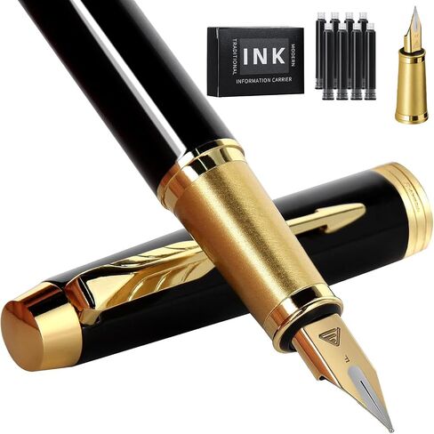 Fountain Pen,luxury pens,Fine point smooth writing pens for journaling fancy pens with Gift Case 10 black ink cartridges an ink converte nice pens metal pen writer gifts（Black） in Saudi Arabia