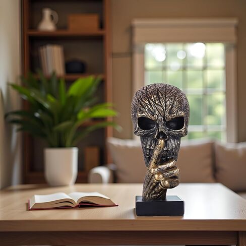 Black Gold Hear No Evil Skull Head Sculpture– Gothic Halloween Figurine with Skeleton Head Design | Resin Bronze Skull Statue for Mantel Accents,Dark Academia Home/Office Decor & Living Room Bookshelf in Saudi Arabia