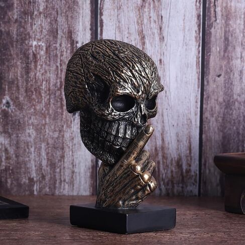 Black Gold Hear No Evil Skull Head Sculpture– Gothic Halloween Figurine with Skeleton Head Design | Resin Bronze Skull Statue for Mantel Accents,Dark Academia Home/Office Decor & Living Room Bookshelf in Saudi Arabia