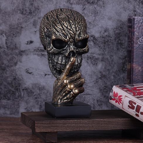 Black Gold Hear No Evil Skull Head Sculpture– Gothic Halloween Figurine with Skeleton Head Design | Resin Bronze Skull Statue for Mantel Accents,Dark Academia Home/Office Decor & Living Room Bookshelf in Saudi Arabia
