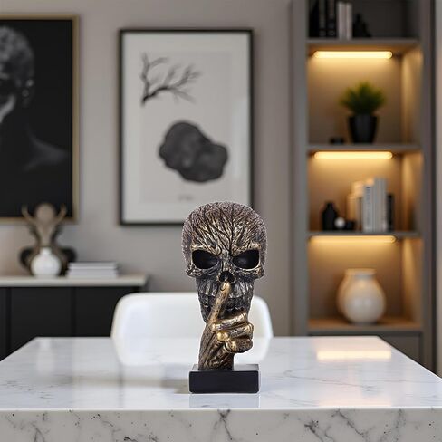 Black Gold Hear No Evil Skull Head Sculpture– Gothic Halloween Figurine with Skeleton Head Design | Resin Bronze Skull Statue for Mantel Accents,Dark Academia Home/Office Decor & Living Room Bookshelf in Saudi Arabia