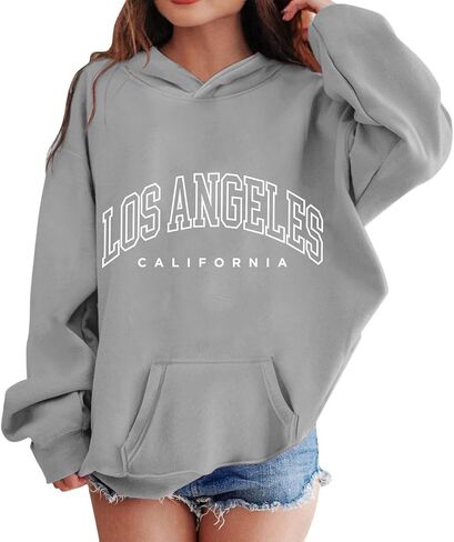 Los Angeles Hoodies For Teen Girls Trendy Y2K Cute Long Sleeve Letter Print Sweatshirts Pullover Tops With Pockets in Saudi Arabia