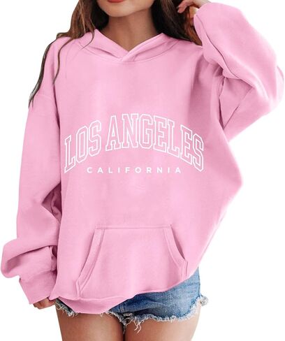 Los Angeles Hoodies For Teen Girls Trendy Y2K Cute Long Sleeve Letter Print Sweatshirts Pullover Tops With Pockets in Saudi Arabia