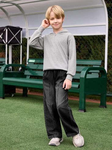 Haloumoning Boys Wide Leg Jeans Kids Casual Straight Baggy Denim Pants with Pockets 5-14 Years in Kuwait