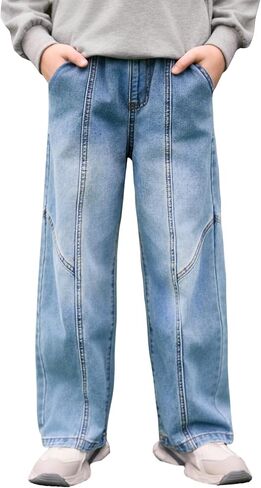 Haloumoning Boys Wide Leg Jeans Kids Casual Straight Baggy Denim Pants with Pockets 5-14 Years in Kuwait