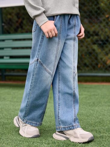 Haloumoning Boys Wide Leg Jeans Kids Casual Straight Baggy Denim Pants with Pockets 5-14 Years in Kuwait