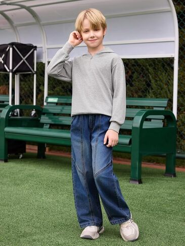 Haloumoning Boys Wide Leg Jeans Kids Casual Straight Baggy Denim Pants with Pockets 5-14 Years in Kuwait