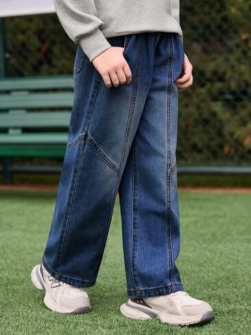 Haloumoning Boys Wide Leg Jeans Kids Casual Straight Baggy Denim Pants with Pockets 5-14 Years in Kuwait