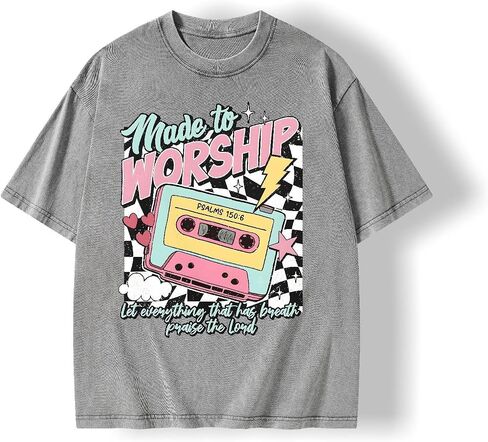Graphic Tees Summer Women Men Cotton Novelty Oversized Crew Neck Made to Worship Bible Christian Washed T-Shirt in Saudi Arabia