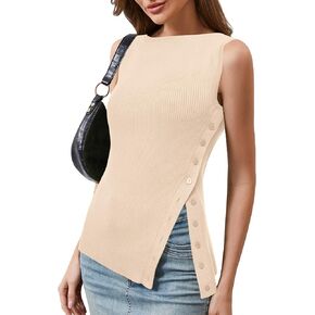 OLAPTA Women Asymmetrical Button Down Side Split Sleeveless Tank Tops Boat Neck Slim Fit Summer Casual Side Button Knit Vest in Kuwait
