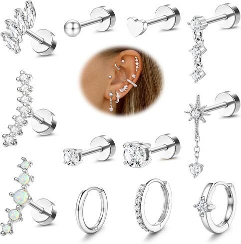 YADOCA 20G Helix Piercing Jewelry Flat back Cartilage Earrings for Women Hypoallergenic Surgical Steel Gold Cartilage Hoop Earring Set Daith Tragus Conch Flat Back Stud Earrings in Saudi Arabia