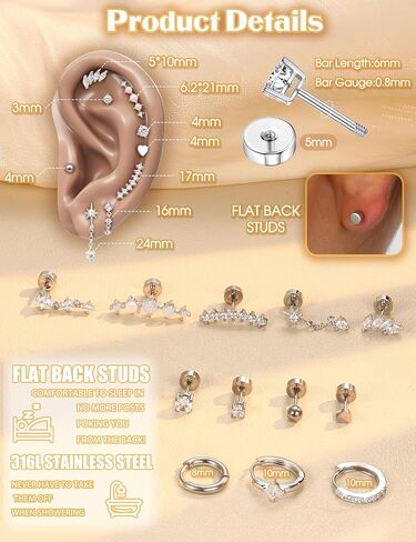 YADOCA 20G HELIX ثقب المجوهرات مسطحة الخلفية الأقراط للنساء HYPOALERGENIC الفولاذ الفولاذ غضروف طاف in Saudi Arabia