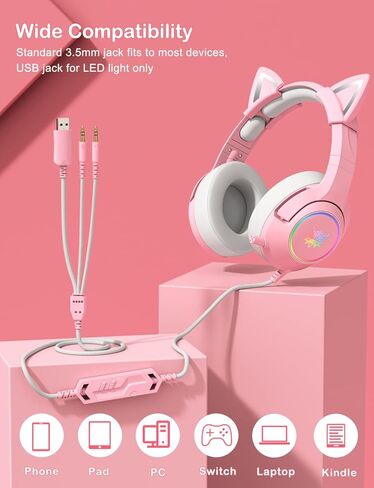 Gaming Headset for PS4, PS5, Xbox One(No Adapter), 3.5mm Wired Headphones with Detachable Cat Ears, Noise Canceling Microphone, RGB Backlight, Surround Sound, Purple in Kuwait