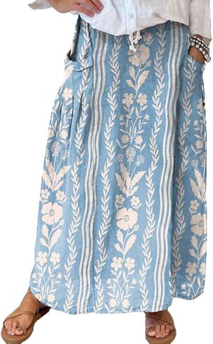 chouyatou Women's Vertical Striped High Waist Maxi Skirt Vintage Floral Cotton Long Skirt with Pockets in Saudi Arabia