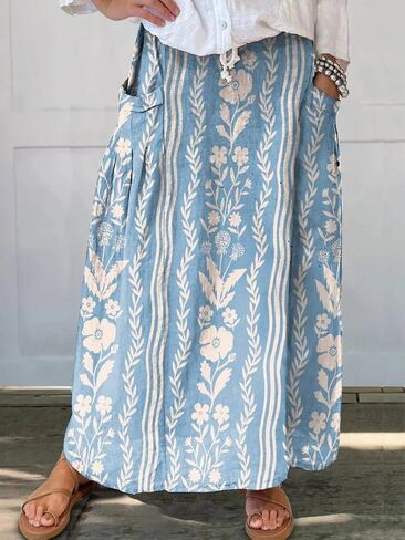 chouyatou Women's Vertical Striped High Waist Maxi Skirt Vintage Floral Cotton Long Skirt with Pockets in Saudi Arabia