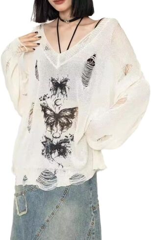 Y2K Goth Lightweight Sweater Dark Academia Long Sleeve Shirts Summer Coverup Gothic Butterfly Ripped Sweaters in Saudi Arabia