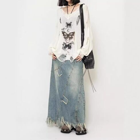 Y2K Goth Lightweight Sweater Dark Academia Long Sleeve Shirts Summer Coverup Gothic Butterfly Ripped Sweaters in Saudi Arabia