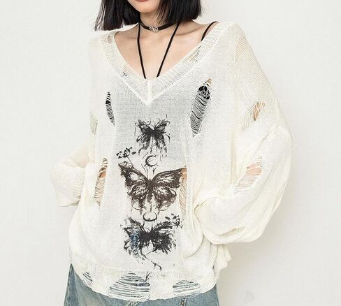 Y2K Goth Lightweight Sweater Dark Academia Long Sleeve Shirts Summer Coverup Gothic Butterfly Ripped Sweaters in Saudi Arabia