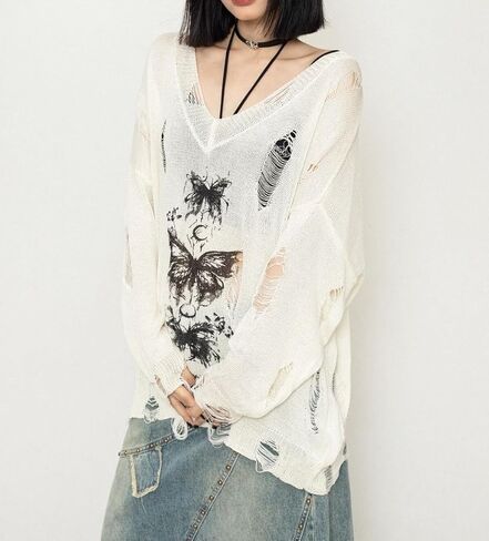 Y2K Goth Lightweight Sweater Dark Academia Long Sleeve Shirts Summer Coverup Gothic Butterfly Ripped Sweaters in Saudi Arabia
