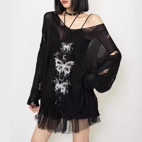 Y2K Goth Lightweight Sweater Dark Academia Long Sleeve Shirts Summer Coverup Gothic Butterfly Ripped Sweaters in Saudi Arabia