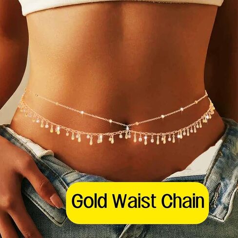 الذهب الخصر سلسلة البطن الجسم سلاسل حجر الراين سلسلة حزام الطبقات الجسم مجوهرات كريستال سلسلة البطن للنساء in Kuwait