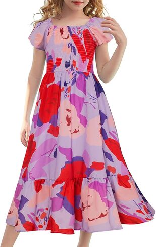 GRACE KARIN Girl's 2024 Spring Summer Dress Smocked Maxi Formal Dress for Kid 8-10 Years,Rose Red Flowers in Saudi Arabia