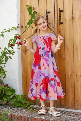 GRACE KARIN Girl's 2024 Spring Summer Dress Smocked Maxi Formal Dress for Kid 8-10 Years,Rose Red Flowers in Saudi Arabia
