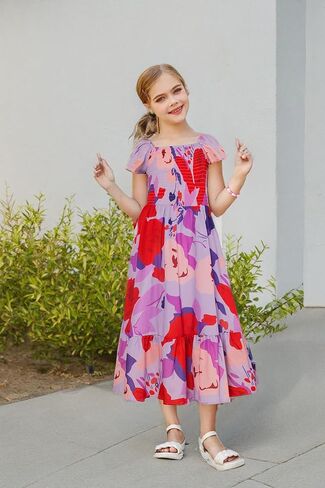 GRACE KARIN Girl's 2024 Spring Summer Dress Smocked Maxi Formal Dress for Kid 8-10 Years,Rose Red Flowers in Saudi Arabia