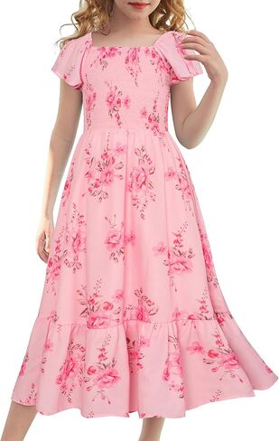 GRACE KARIN Girl's 2024 Spring Summer Dress Smocked Maxi Formal Dress for Kid 8-10 Years,Rose Red Flowers in Saudi Arabia