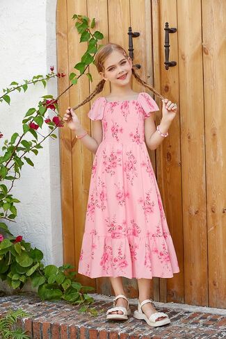 GRACE KARIN Girl's 2024 Spring Summer Dress Smocked Maxi Formal Dress for Kid 8-10 Years,Rose Red Flowers in Saudi Arabia