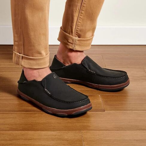 OluKai Moloa Men's Leather Slip On Shoes, Waxed Nubuck Leather & Soft Moisture-Wicking Lining, Drop-in Heel & All Weather Rubber Soles, Dk Wood/Dk Java, 10.5 in Saudi Arabia