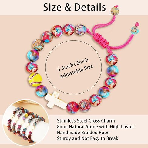 Baseball/Soccer/Volleyball/Basketball/Softball/Football Sports Gifts for Girls Teens Natural Stone Beaded Cross Bracelets Christian Religious Game Day Jewelry Gift in Kuwait