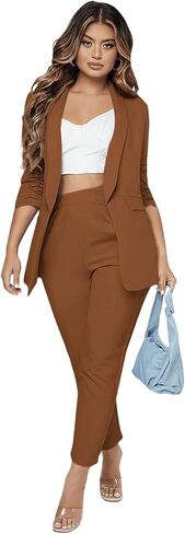 SweatyRocks Women's 2 Piece Solid Ruched Sleeve Blazer and Pants Business Office Suit Set Solid Grey XL in Saudi Arabia