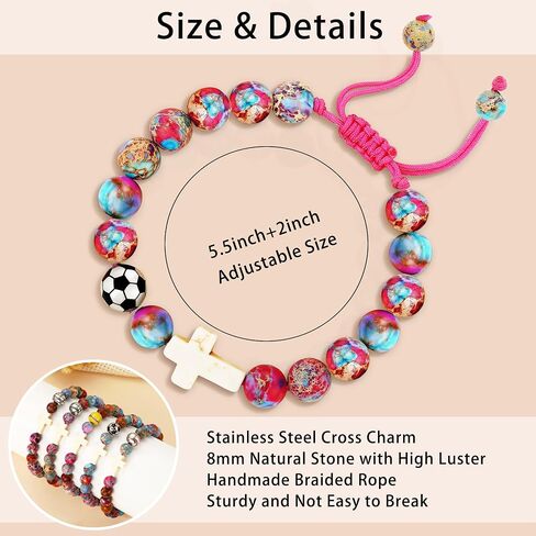 Baseball/Soccer/Volleyball/Basketball/Softball/Football Sports Gifts for Girls Teens Natural Stone Beaded Cross Bracelets Christian Religious Game Day Jewelry Gift in Kuwait