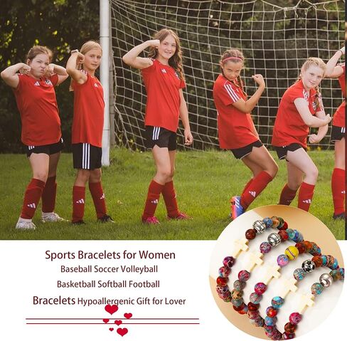 Baseball/Soccer/Volleyball/Basketball/Softball/Football Sports Gifts for Girls Teens Natural Stone Beaded Cross Bracelets Christian Religious Game Day Jewelry Gift in Kuwait