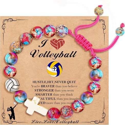 Baseball/Soccer/Volleyball/Basketball/Softball/Football Sports Gifts for Girls Teens Natural Stone Beaded Cross Bracelets Christian Religious Game Day Jewelry Gift in Kuwait