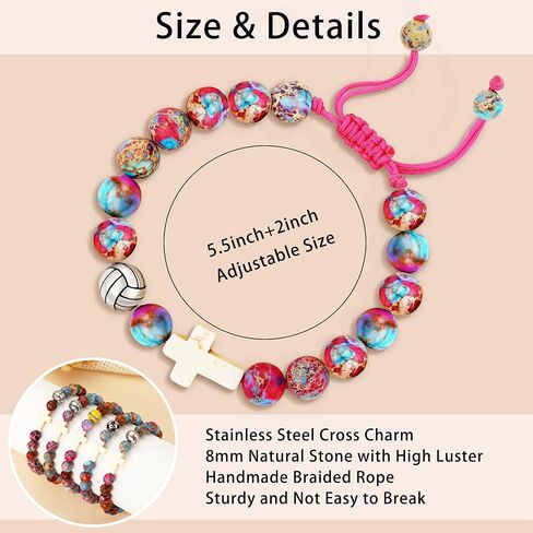 Baseball/Soccer/Volleyball/Basketball/Softball/Football Sports Gifts for Girls Teens Natural Stone Beaded Cross Bracelets Christian Religious Game Day Jewelry Gift in Kuwait