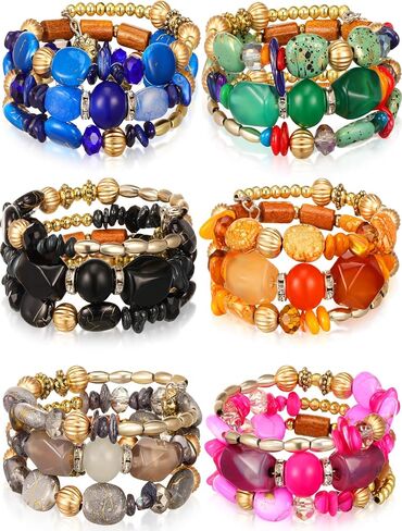 6 Pcs Boho Multilayer Irregular Agate Beads Charm Bracelets Vintage Yoga Turquoise Bangles Boho Jewelry for Women (Fresh Color) (Classic Color) in Saudi Arabia