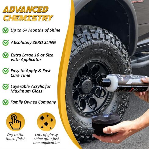 Apex Acrylic Tyre Shine and Tyre Shine Applicator - 16 أوقية شبه دائمة - 6+ أشهر من المتانة - من السهل تطبيقها - Shyp Fast Drying Car Tyre Shine - No Sling - Glossy - Extreme Tyre Smarle - Made in USA in Saudi Arabia