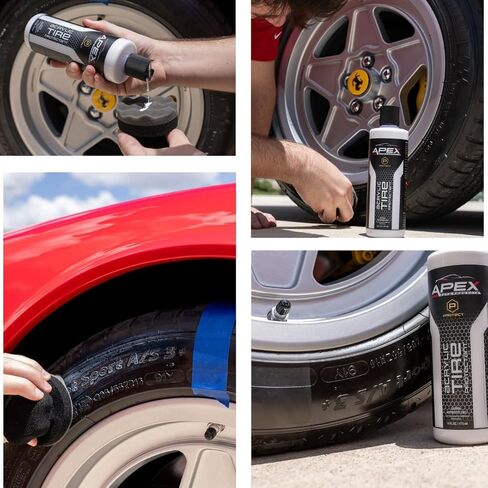 Apex Acrylic Tyre Shine and Tyre Shine Applicator - 16 أوقية شبه دائمة - 6+ أشهر من المتانة - من السهل تطبيقها - Shyp Fast Drying Car Tyre Shine - No Sling - Glossy - Extreme Tyre Smarle - Made in USA in Saudi Arabia