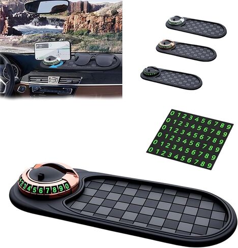 وسادة للسيارة متعددة الوظائف مضاد للسيارة وحامل الهاتف العالمي - وسادة لوحة القيادة القابلة للدوار مضاد للانزلاق مع رقم وقوف السيارات المؤقت ووسادة كبيرة لمفاتيح النظارات الشمسية والأدوات الصغيرة (أسود) in Kuwait